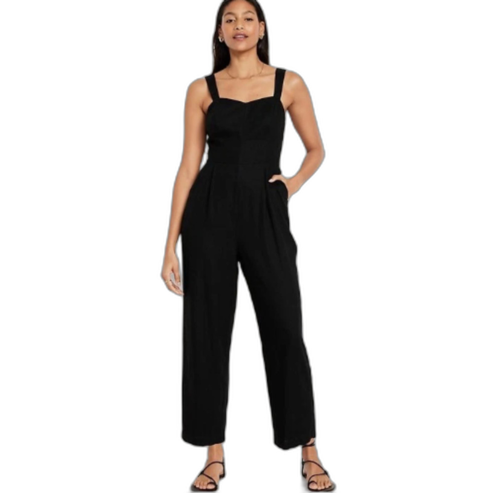 NWT Old Navy Jumpsuit Women's  M Petite Black Linen Blend Wide Leg Minimalist